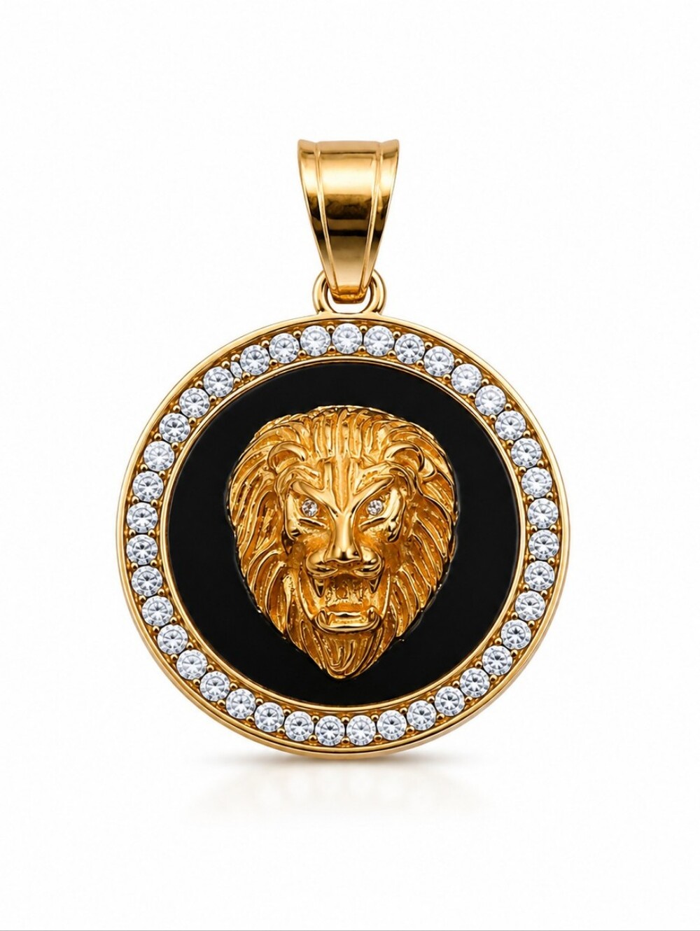 Gold Lion Head Pendant | Black Enamel & CZ